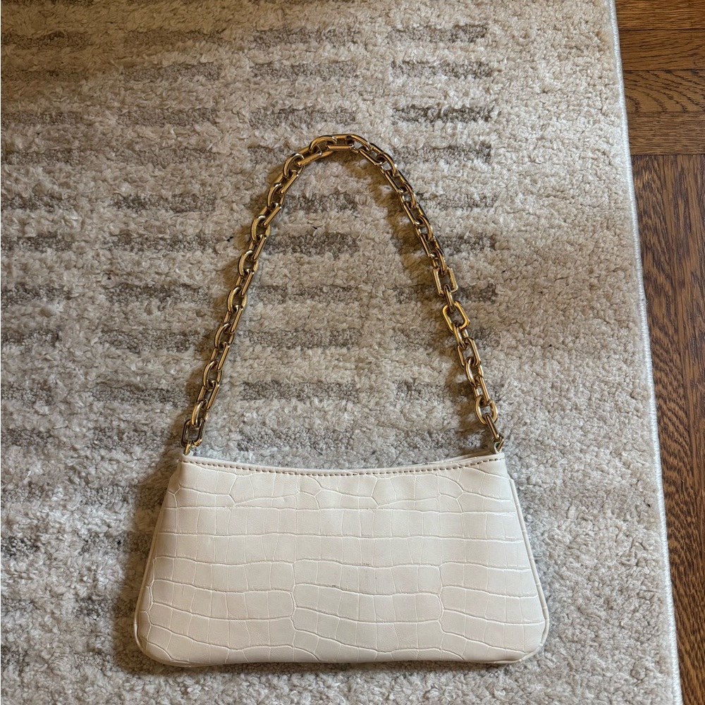 Zara Cream Croc-Embossed Shoulder Bag with Gold Chain Strap